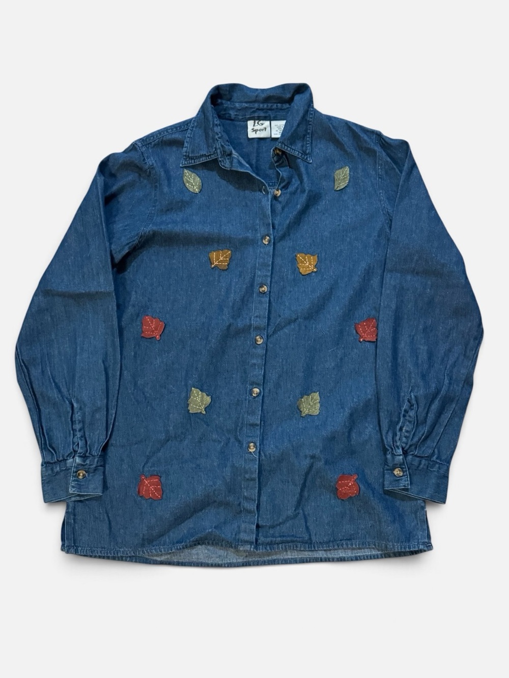 ๐VTG LG Sport 90โs Womens Denim Embroidered Leaf Oversized Button Down Shirt | M